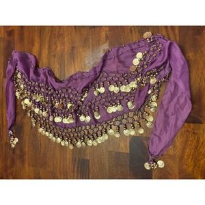 Purple Belly Dance Coin Hip Scarf Gold Beaded Chiffon Performance Belt